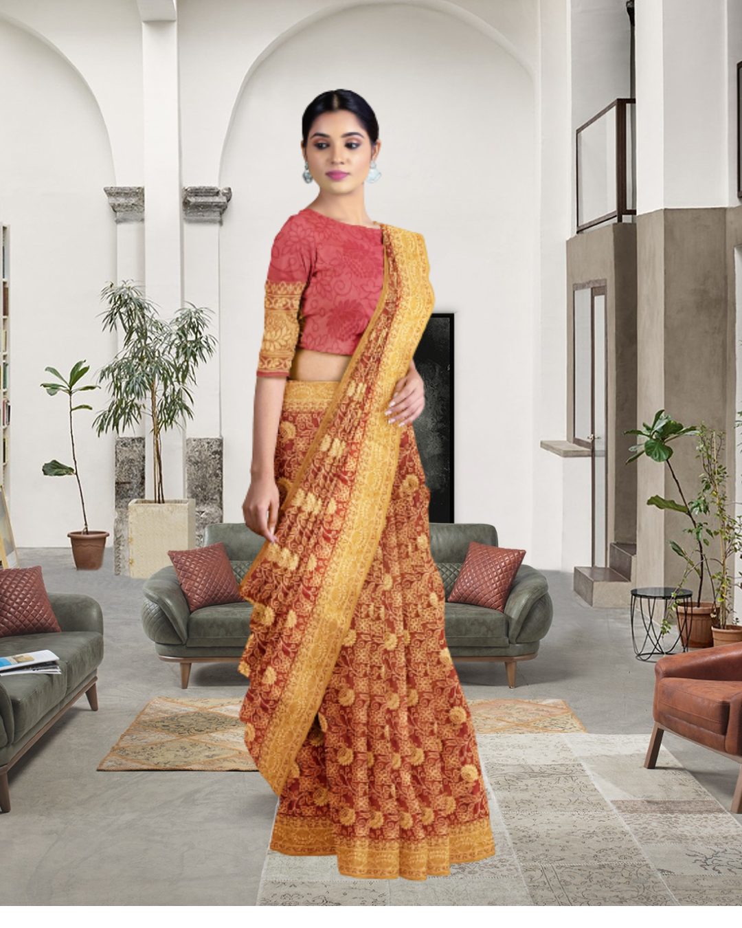 Yellowish Color Gajari Satin Silk Saree for Women - Side View of Saree