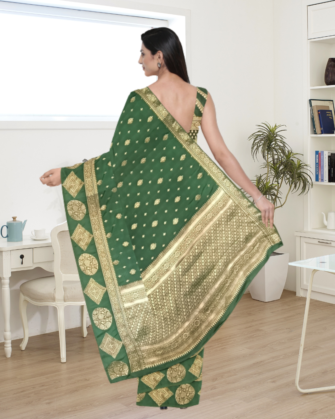 Green Color Banaras Katan Silk Saree for Women - Back Side View of Saree