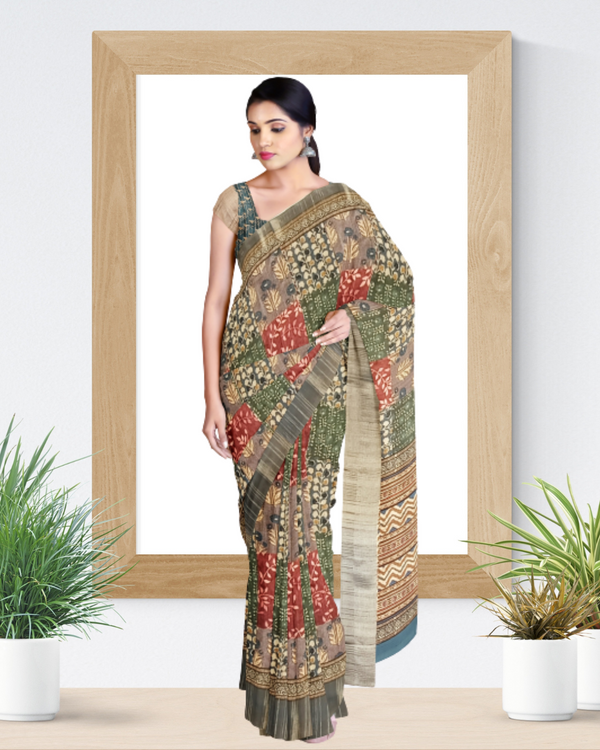 Green Color Tussar Printed Silk Saree for Women