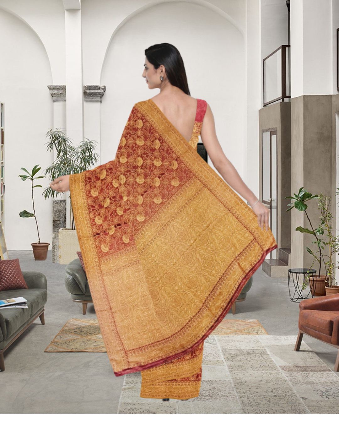 Yellowish Color Gajari Satin Silk Saree for Women - Back Side View of Saree