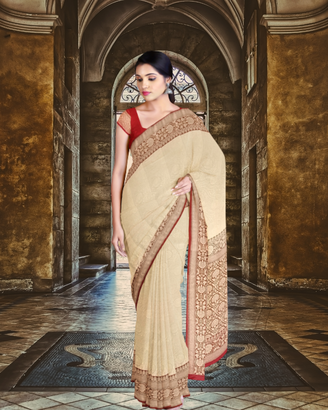 Cream Color Banaras Jari Brocket Saree for Women