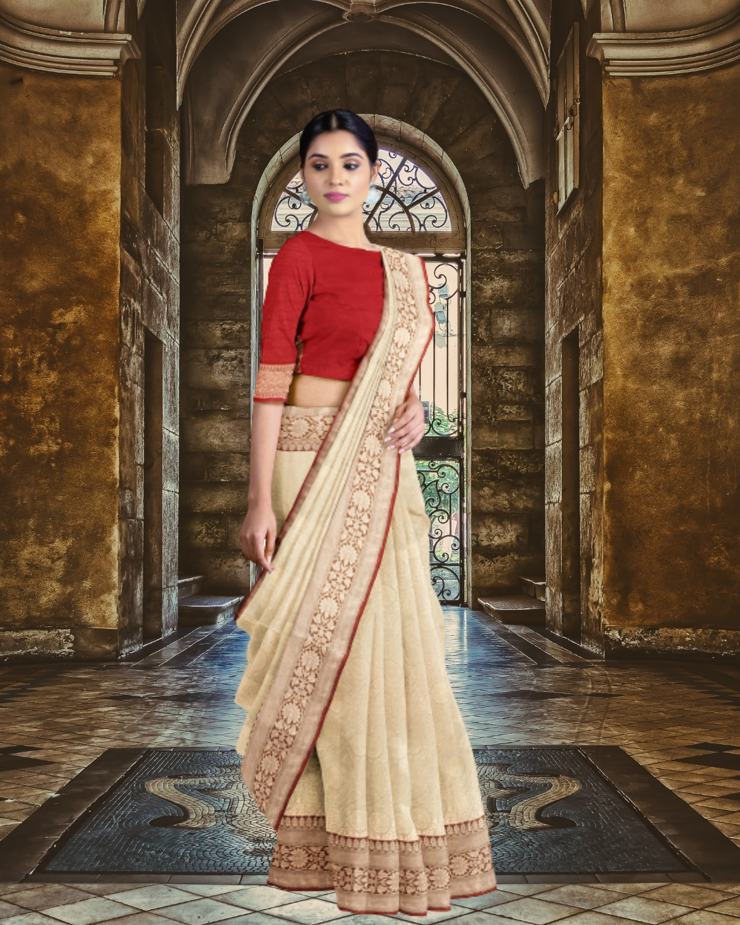 Cream Color Banaras Jari Brocket Saree for Women - Side View of Saree 