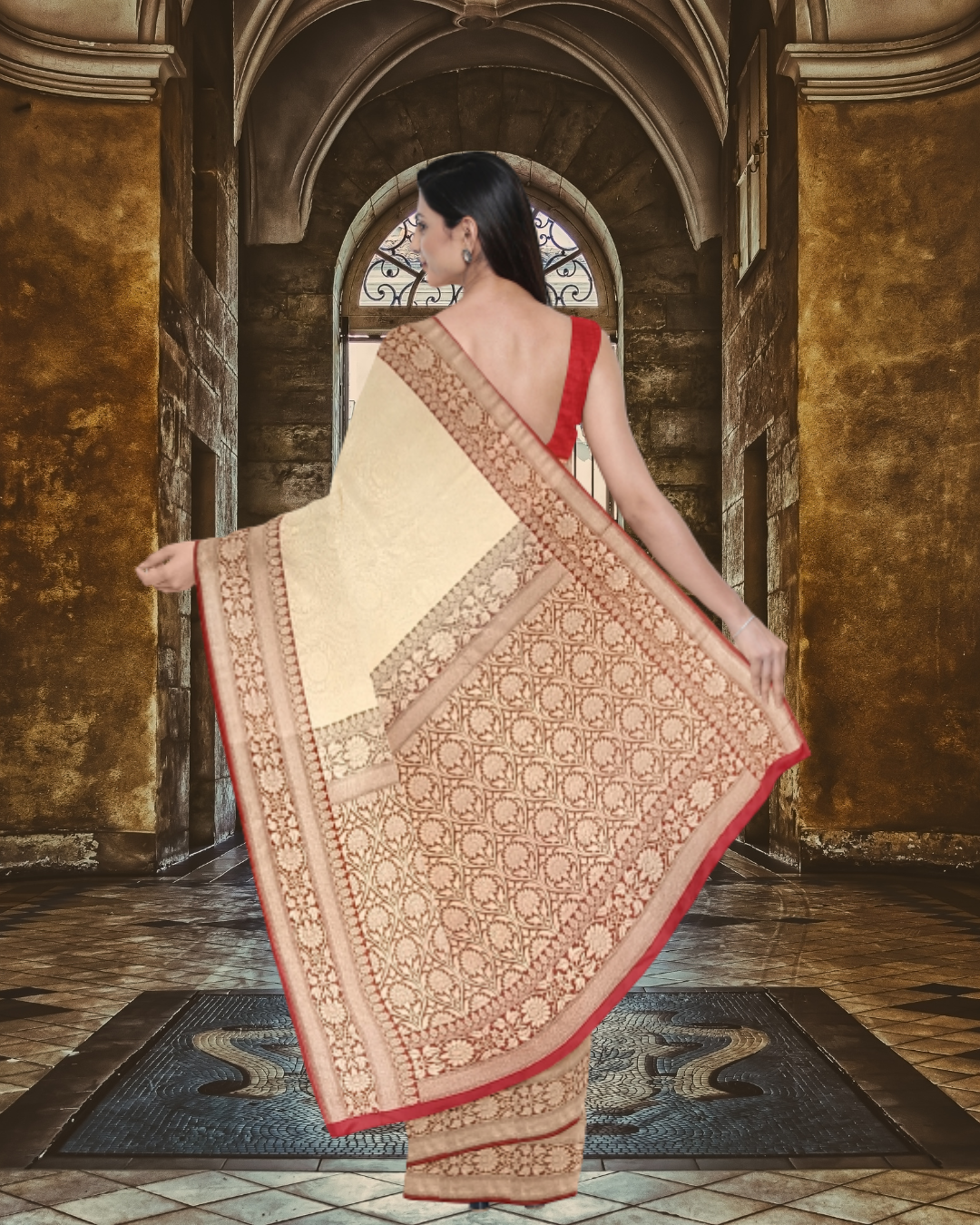 Cream Color Banaras Jari Brocket Saree for Women - Back Side View of Saree 