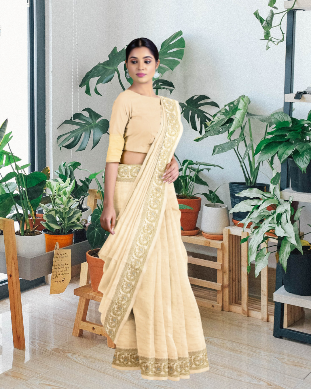 Cream Color Tussar Silk Saree for Women - Side View of Saree