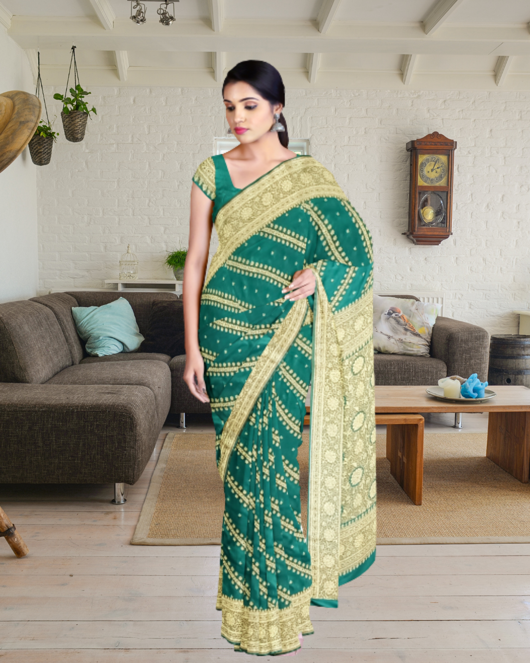 Rama Color Banaras Katan Silk Saree for Women