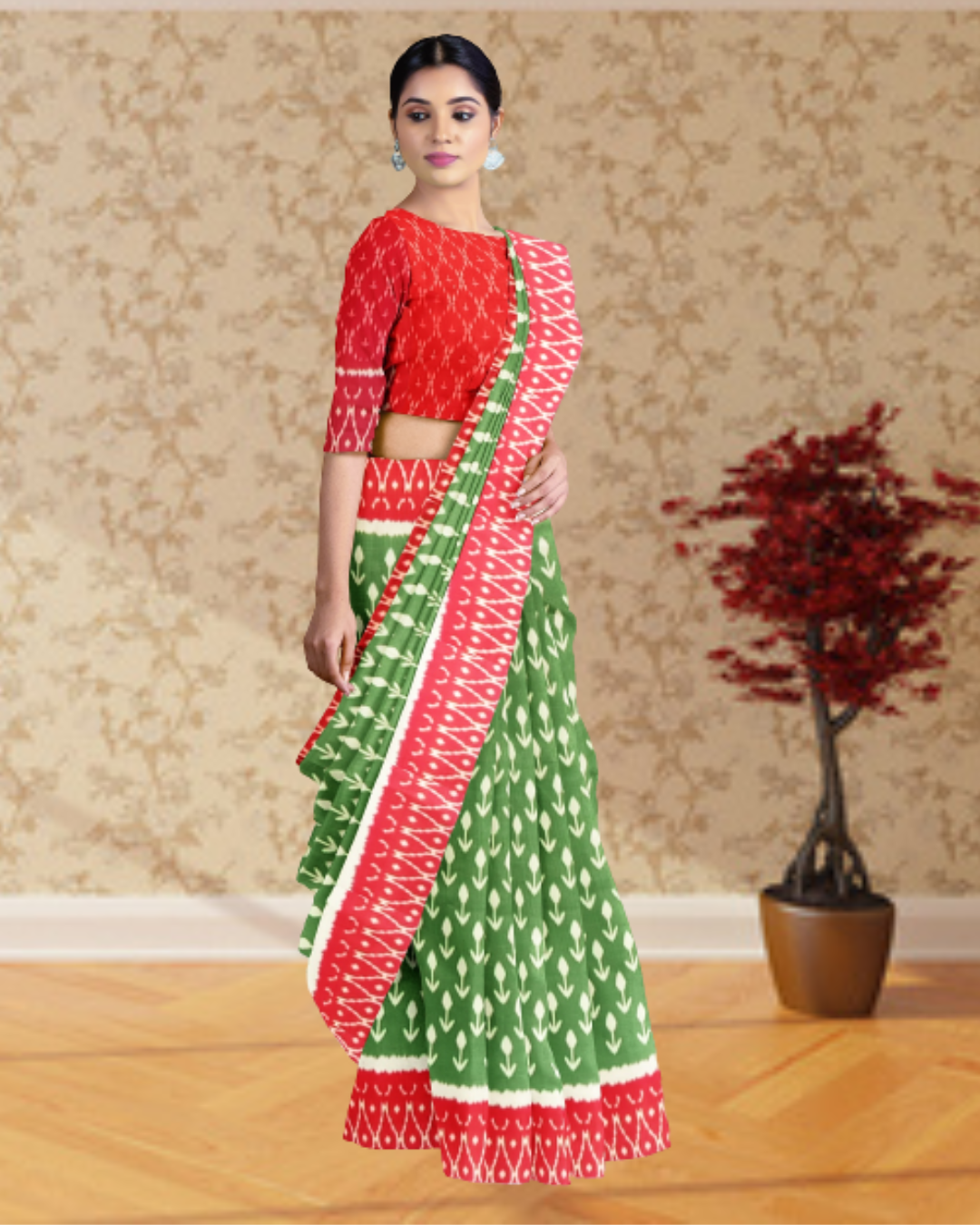 Green Color Synthetic Dupion Saree for Women - Side View of Saree