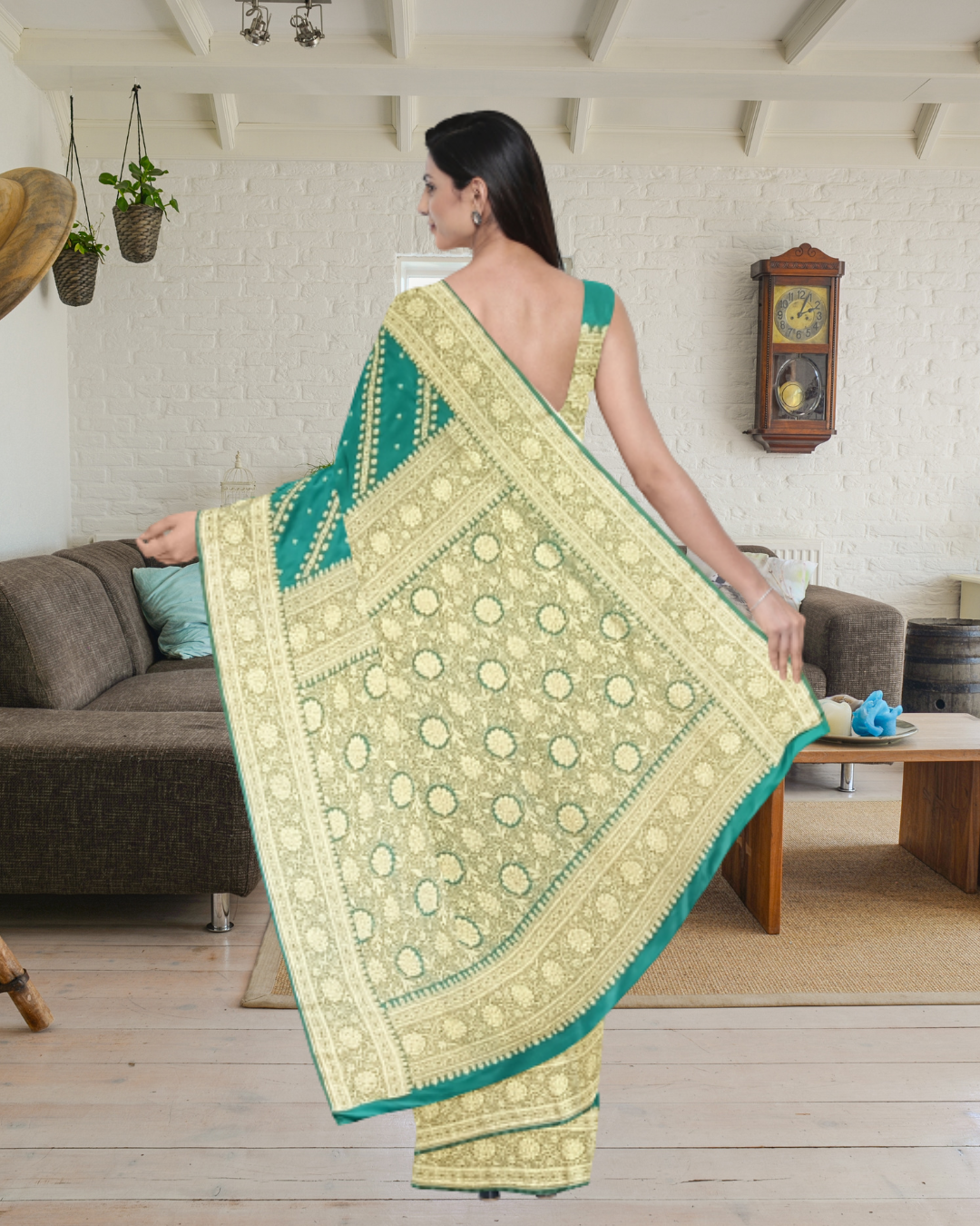 Rama Color Banaras Katan Silk Saree for Women - Back Side View of Saree 