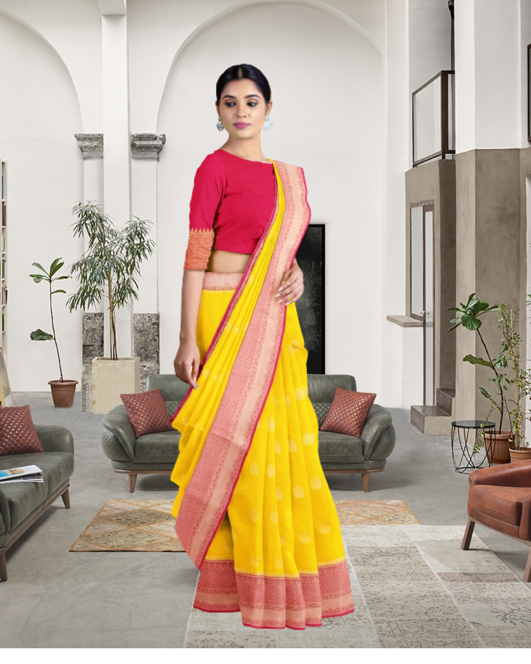 Yellow Color Banaras Katan Silk Saree for Women - Side View of Saree