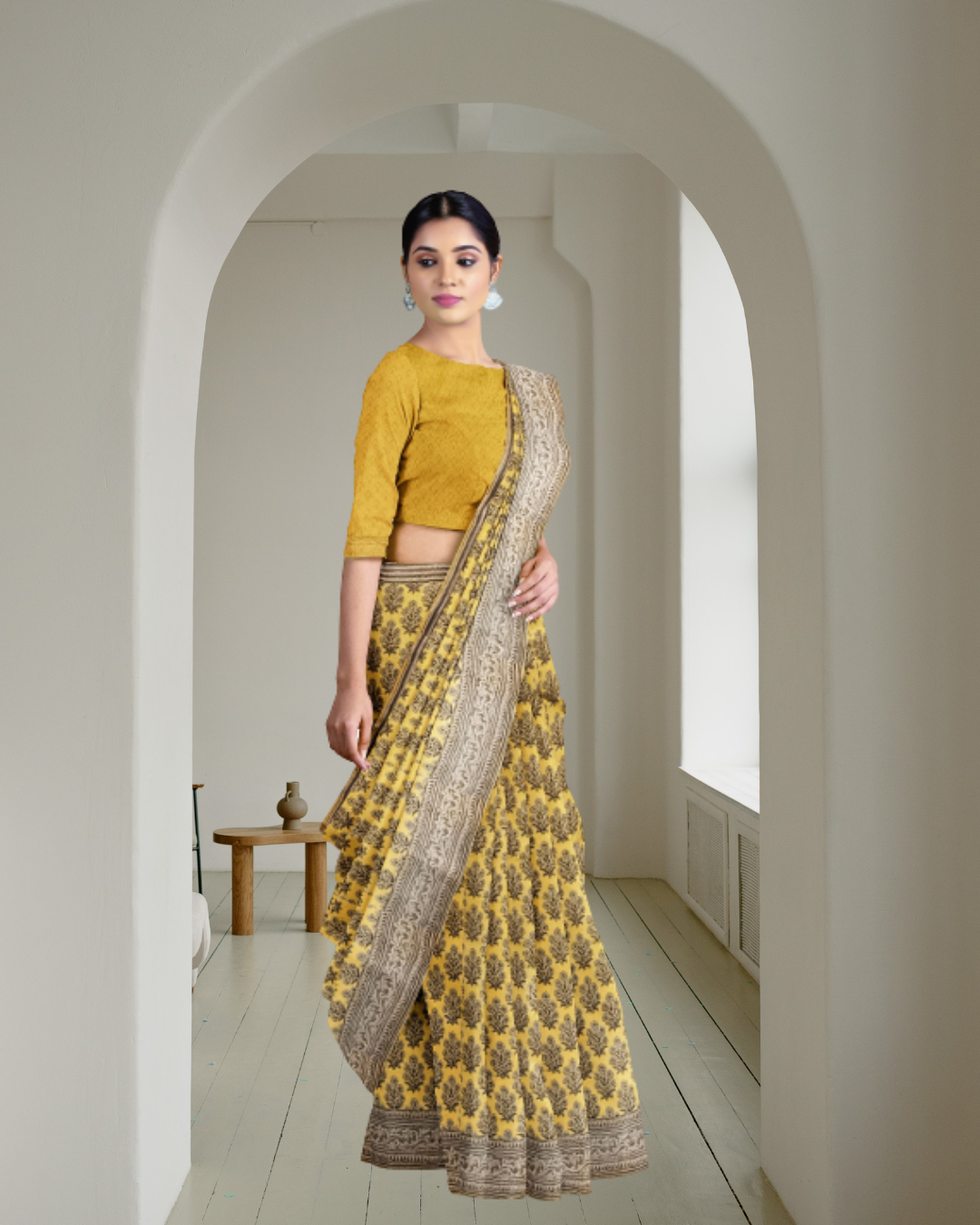 Lemon Color Tussar Silk Saree for Women - Side View of Saree