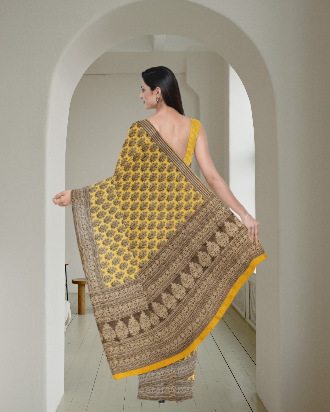 Lemon Color Tussar Silk Saree for Women - Back Side View of Saree