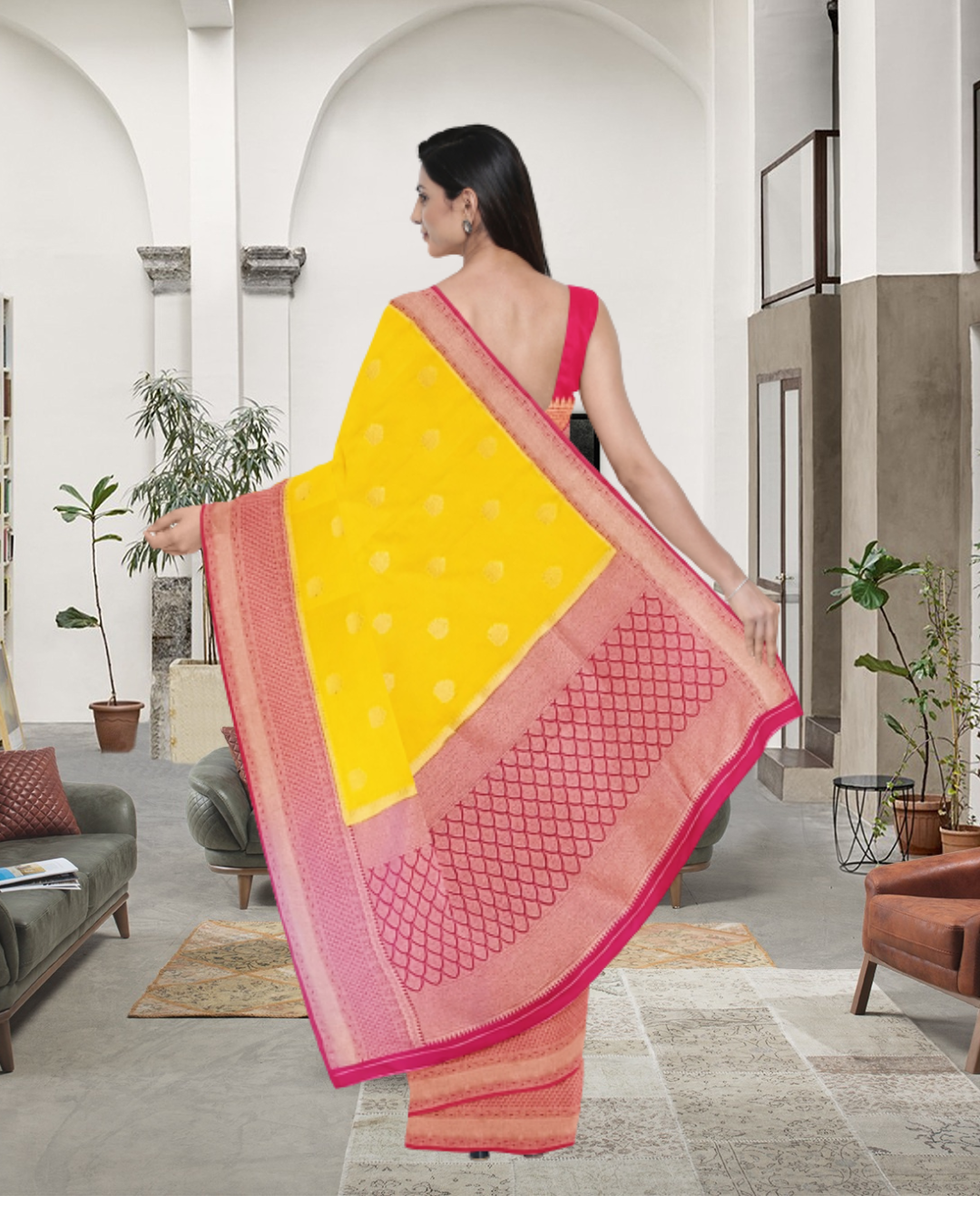 Yellow Color Banaras Katan Silk Saree for Women - Back Side View of Saree