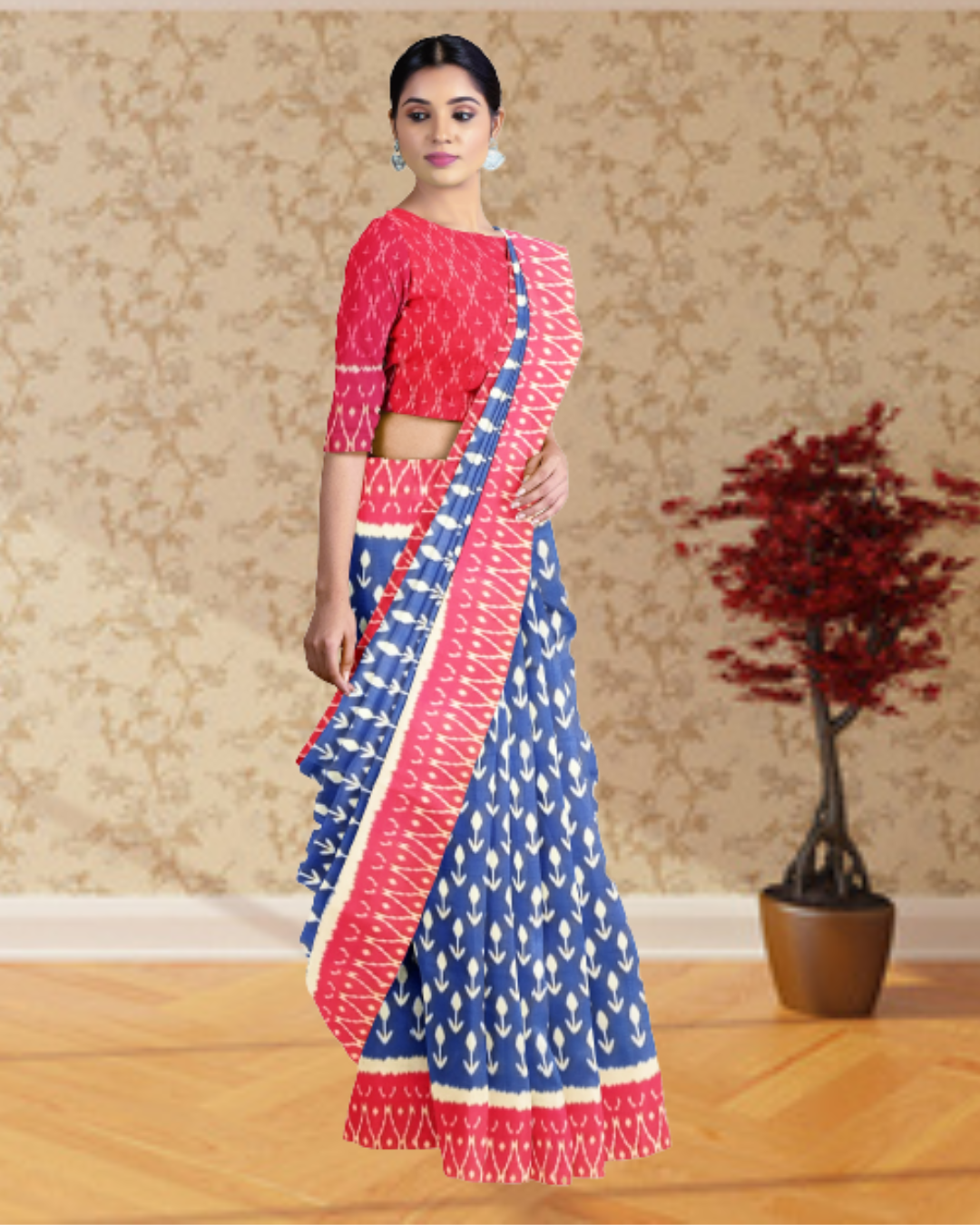 Royal Blue Color Synthetic Dupion Saree for Women - Side View of Saree