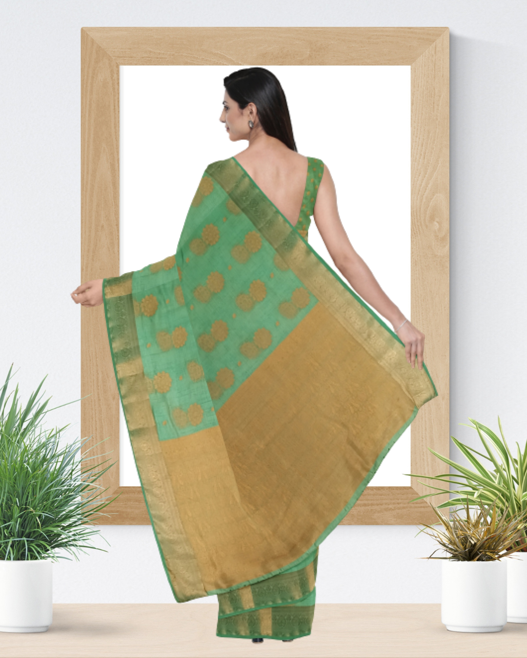 Green Color Banaras Tussar Silk Saree for Women - Back Side View of Saree