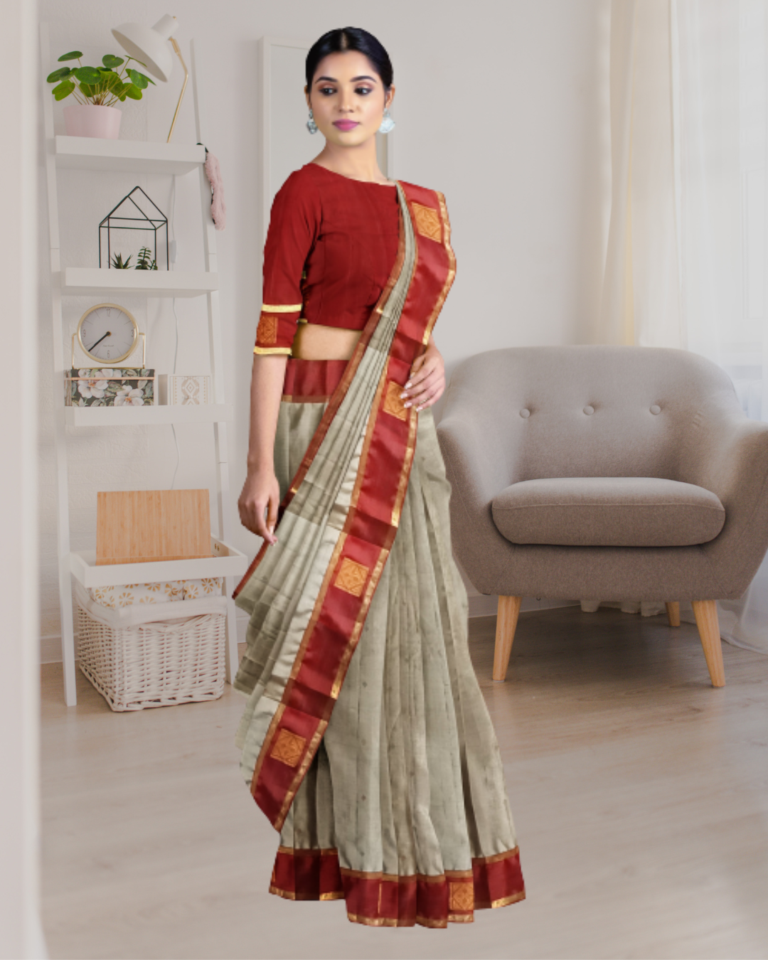 Grey Color South Silk Saree for Women - Side View of Saree