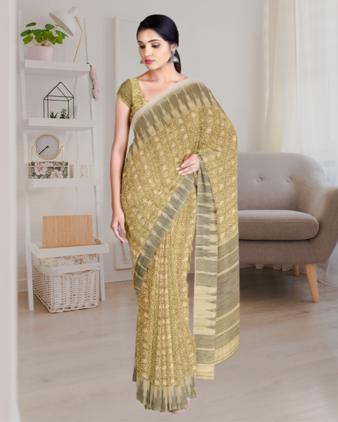 Mehandi Color Tussar Printed Silk Saree for Women - Front View of Saree