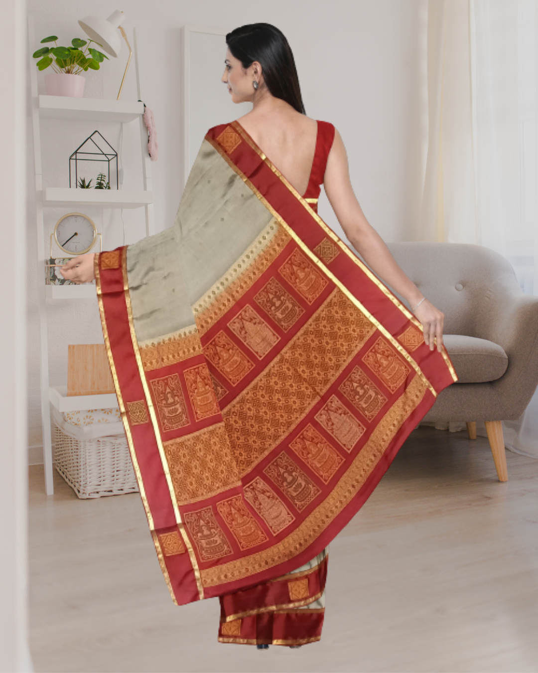 Grey Color South Silk Saree for Women - Back Side View of Saree