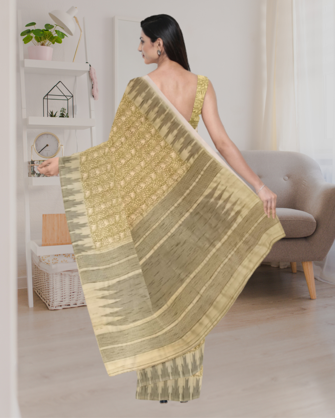 Mehandi Color Tussar Printed Silk Saree for Women - Back Side View of Saree