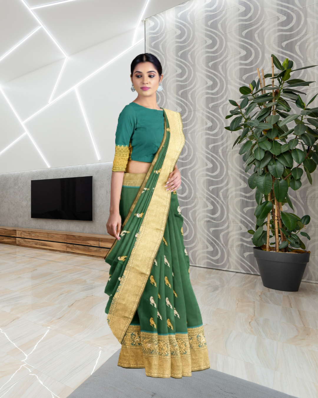 Bottle Green Color Kanjivaram Silk Saree for Women - Side View of Saree