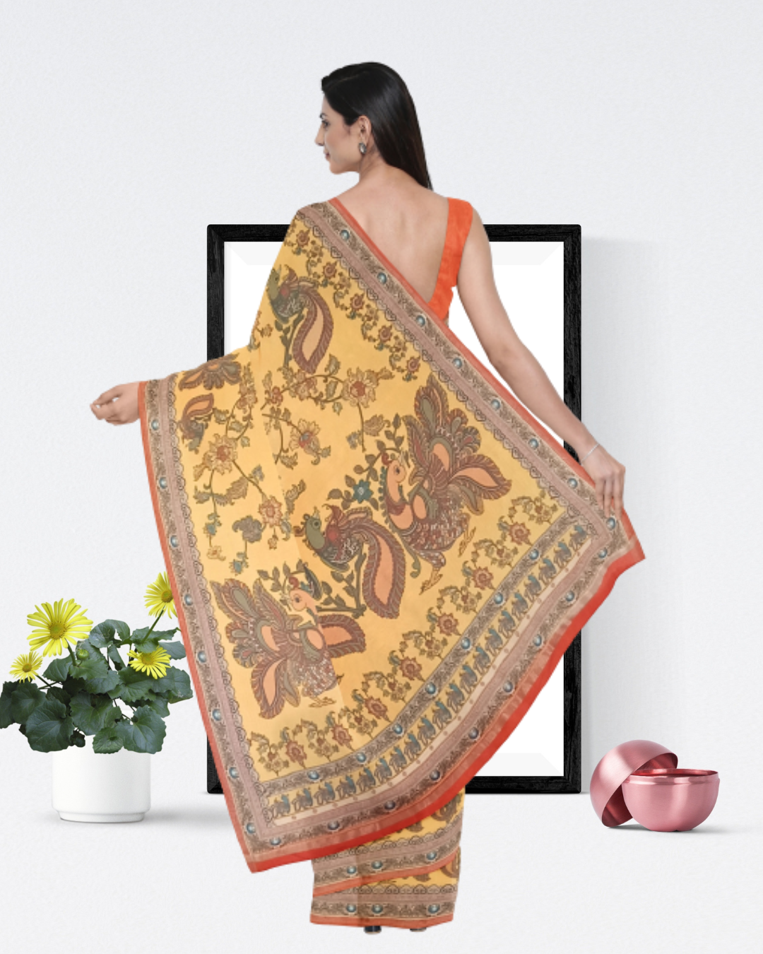 Yellow Color Tussar Silk Saree for Women - Back Side View of Saree