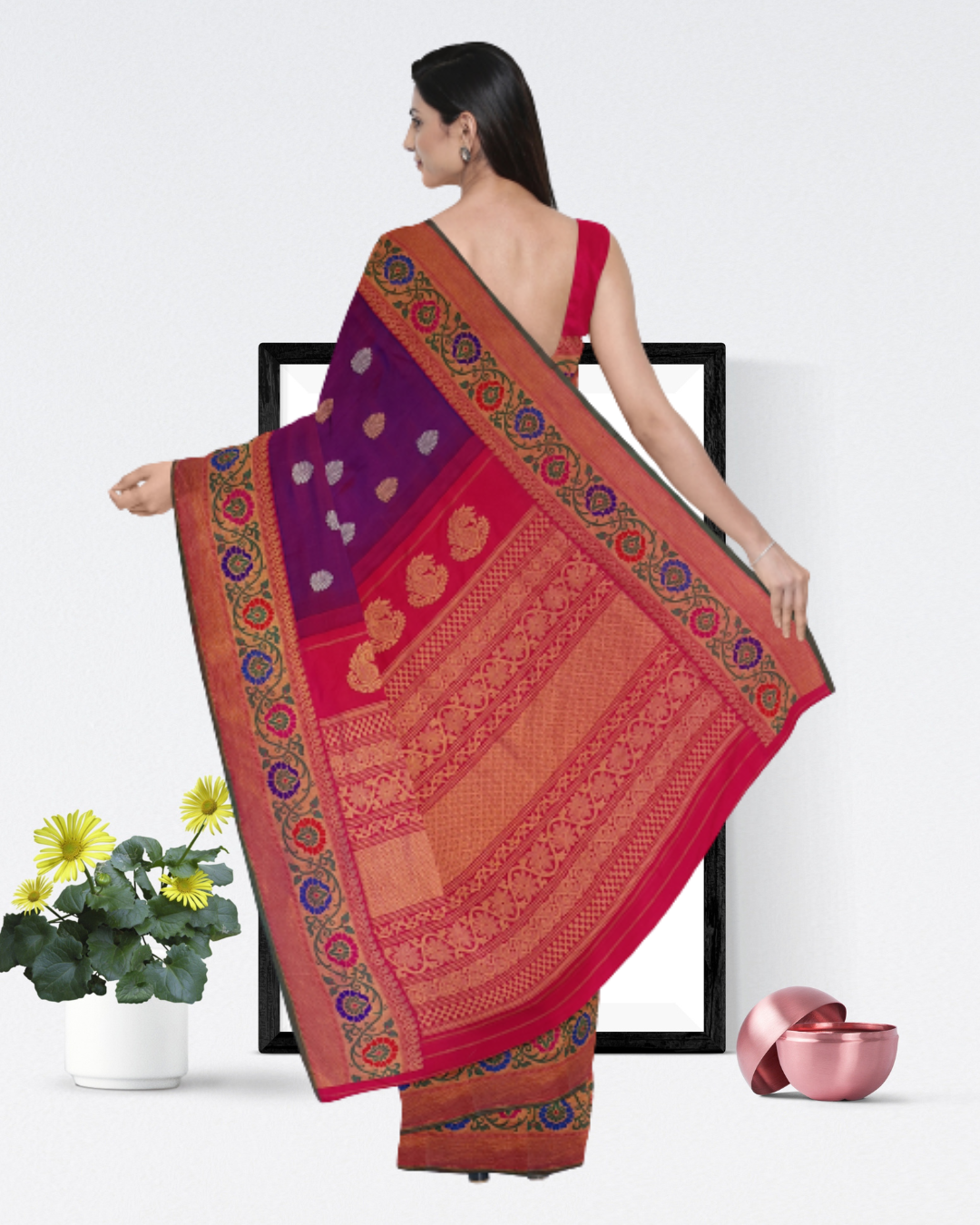 Magenta Color Pure Gadwal Silk Saree for Women - Back Side View of Saree