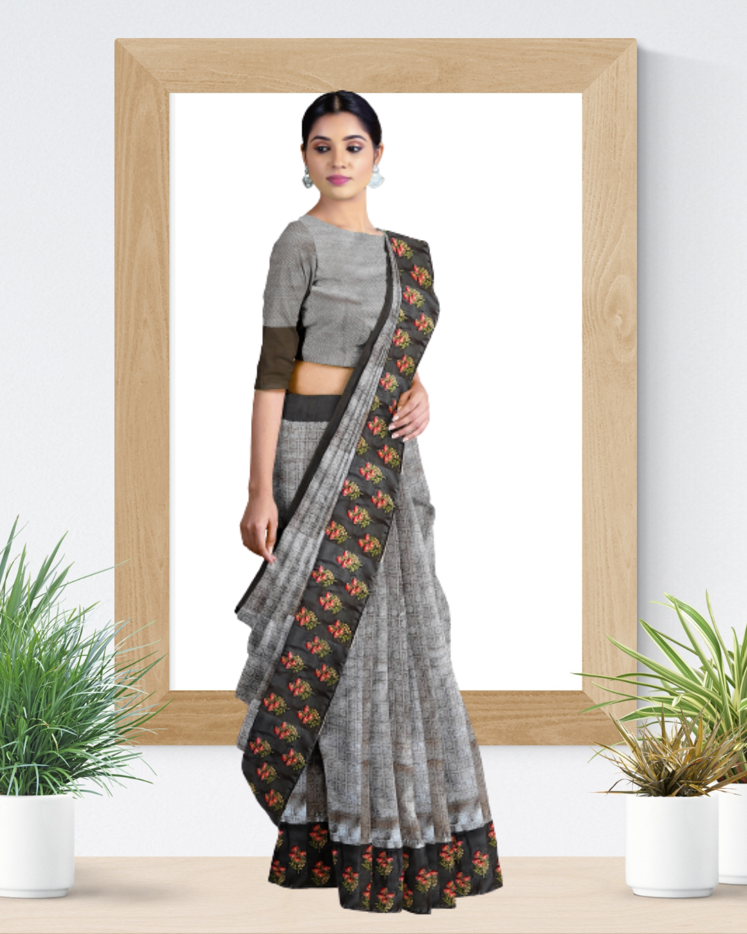 Grey Color Cotton Tissue Saree for Women - Side View of Saree