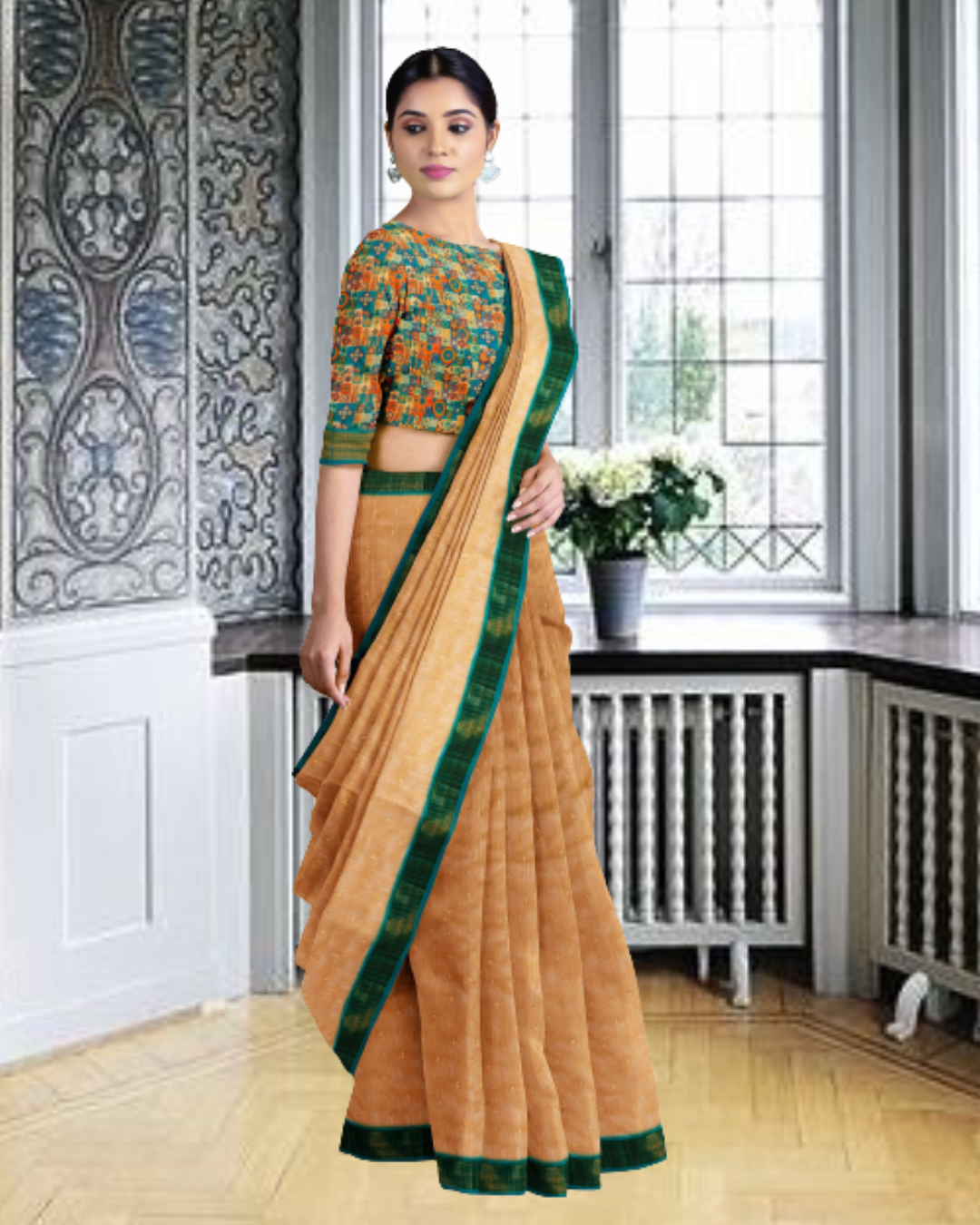 Chiku Color Lenen Silk Saree for Women - Side View of Saree