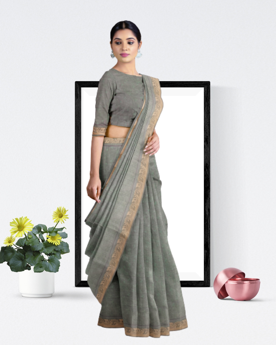 Mehandi Color Cotton Saree for Women - Side View of Saree