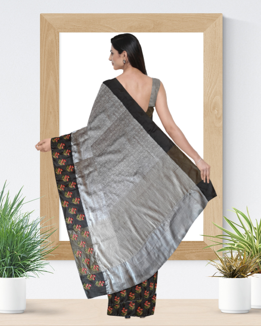 Grey Color Cotton Tissue Saree for Women - Back Side View of Saree