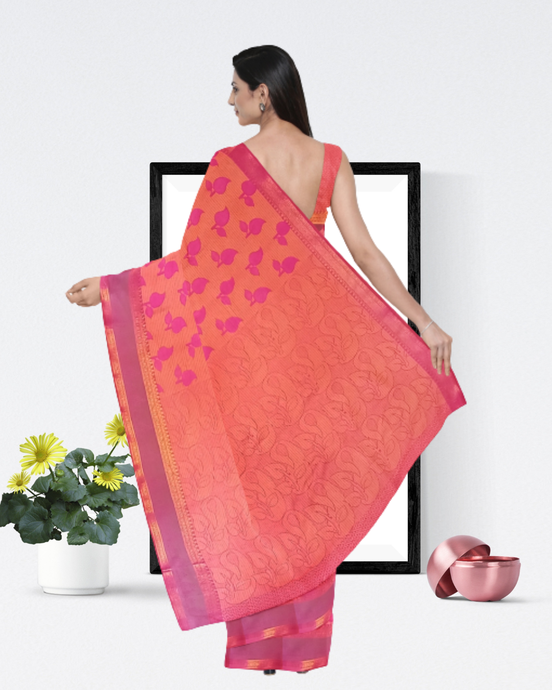 Rani Color Cotton Saree for Women - Back Side View of Saree