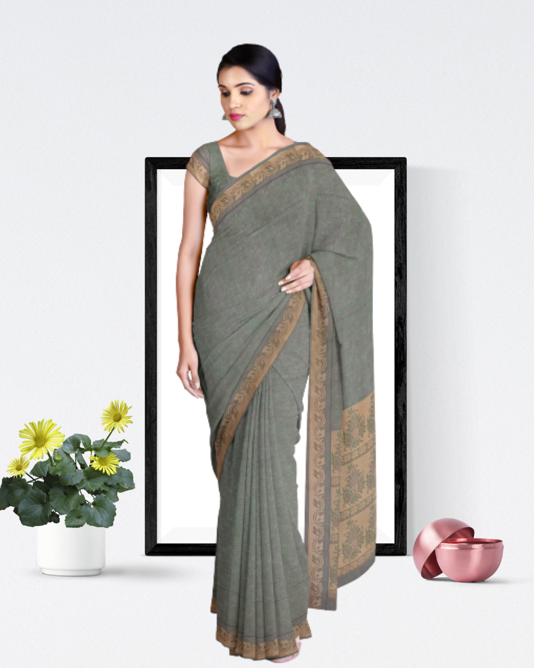 Grey Color Cotton Saree for Women