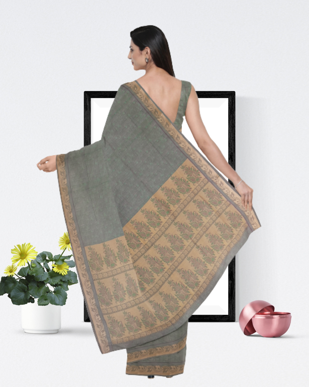 Mehandi Color Cotton Saree for Women - Back Side View Saree