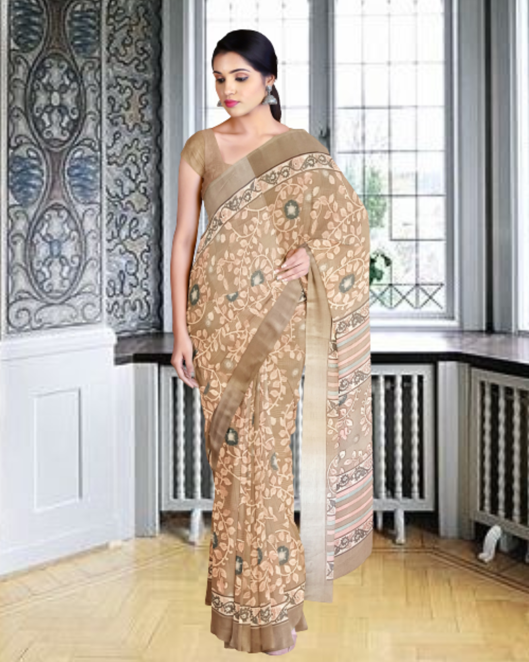 Chiku Color Linen Saree for Women