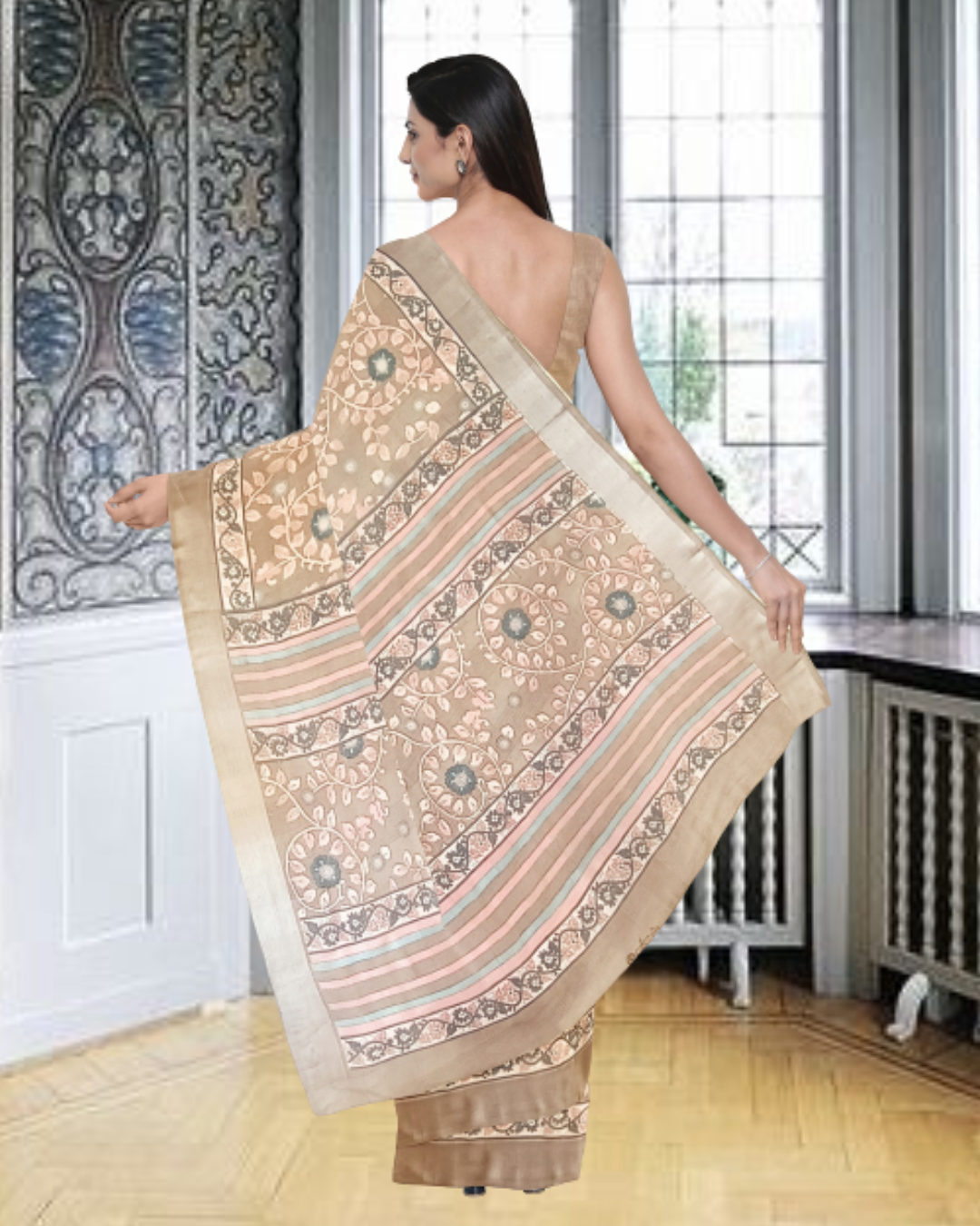 Chiku Color Linen Saree for Women - Back Side View of Saree