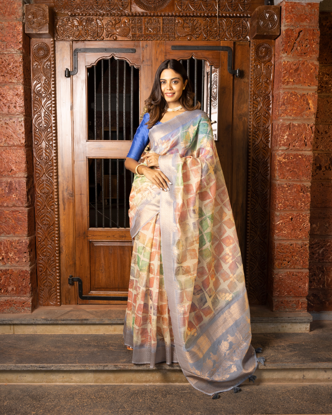 Cream Color Lenen Printed Silk Saree for Women