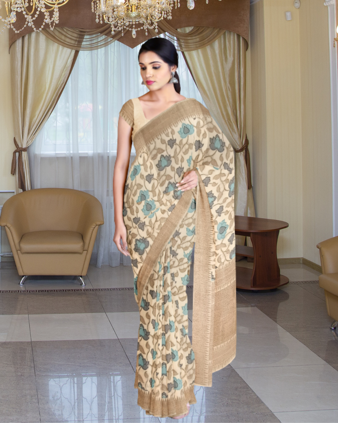 Cream Color Cotton Lenen Saree for Women