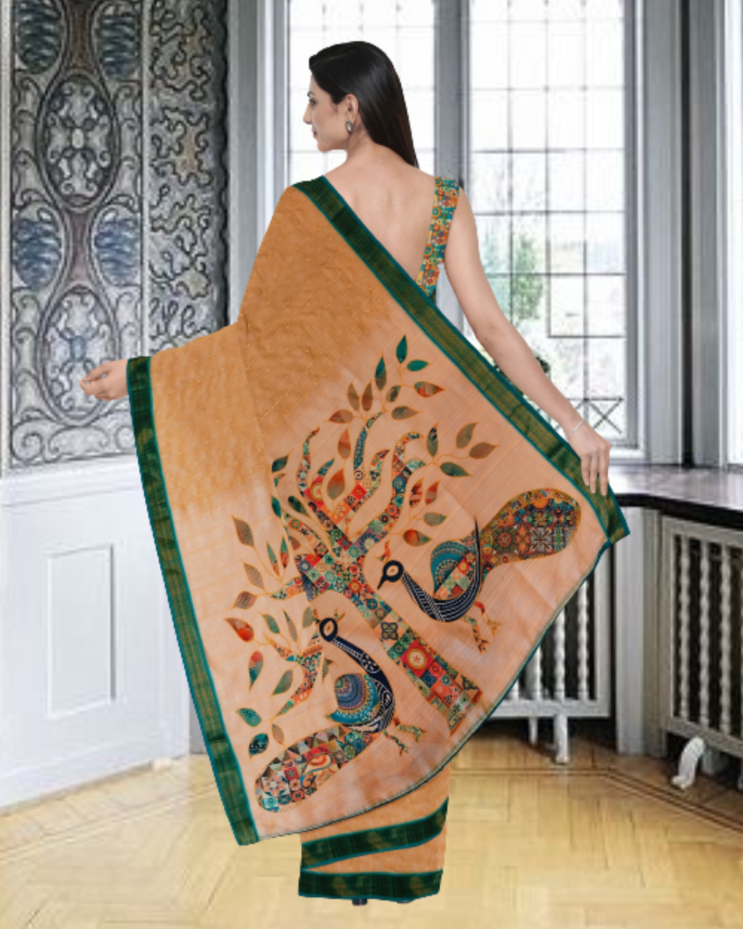 Chiku Color Lenen Silk Saree for Women - Back Side View of Saree