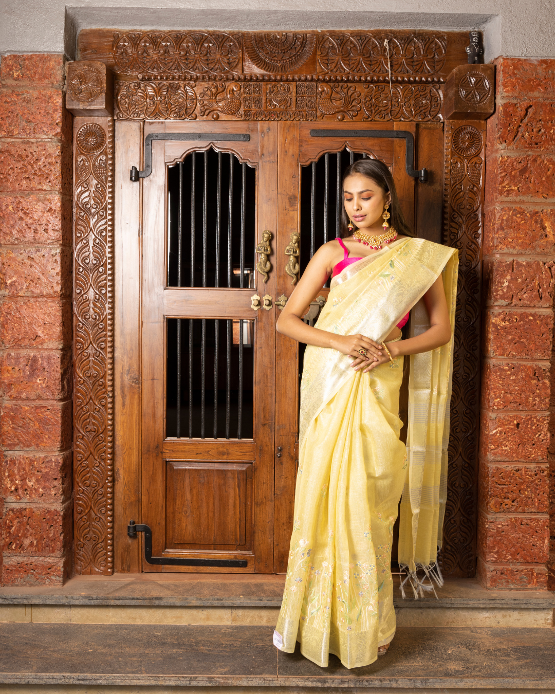 Lemon Color Cotton Tissue Saree for Women