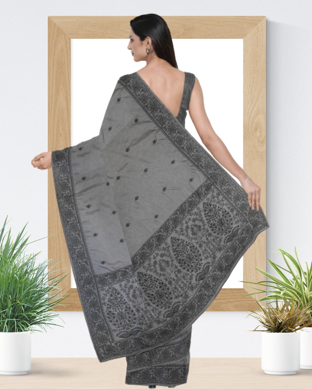 Grey Color Tussar Silk Saree for Women - Back Side View of Saree