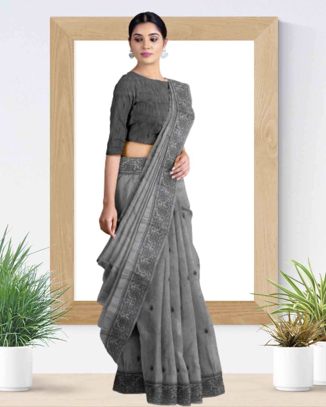 Grey Color Tussar Silk Saree for Women - Side View of Saree