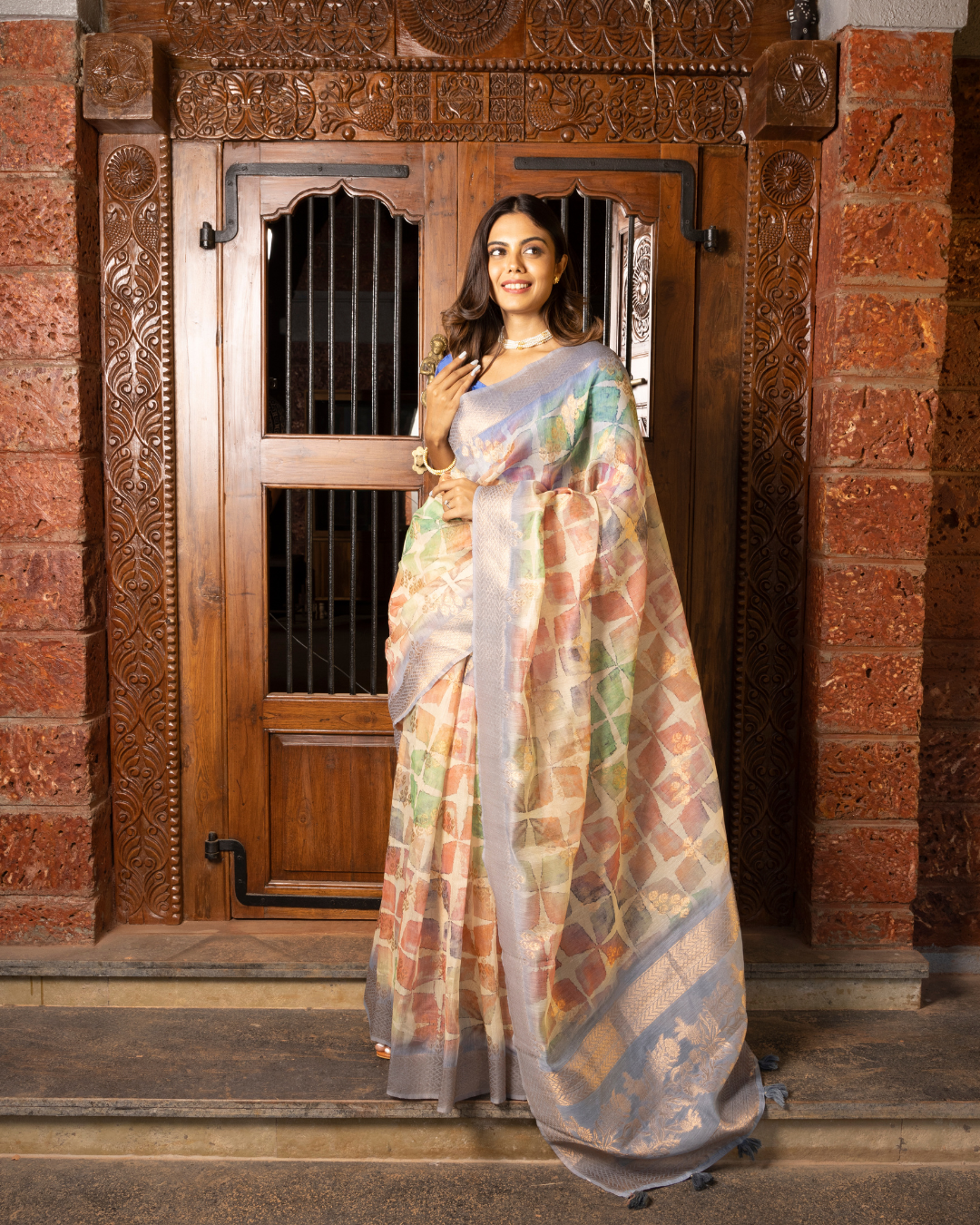 Cream Color Lenen Printed Silk Saree for Women