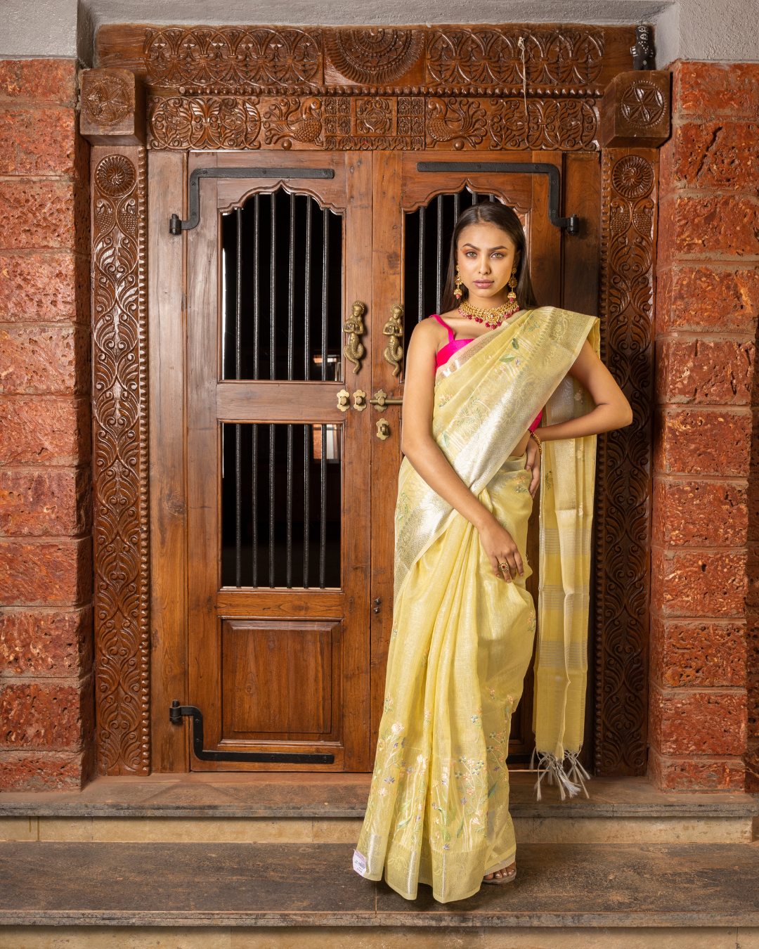 Lemon Color Cotton Tissue Saree for Women