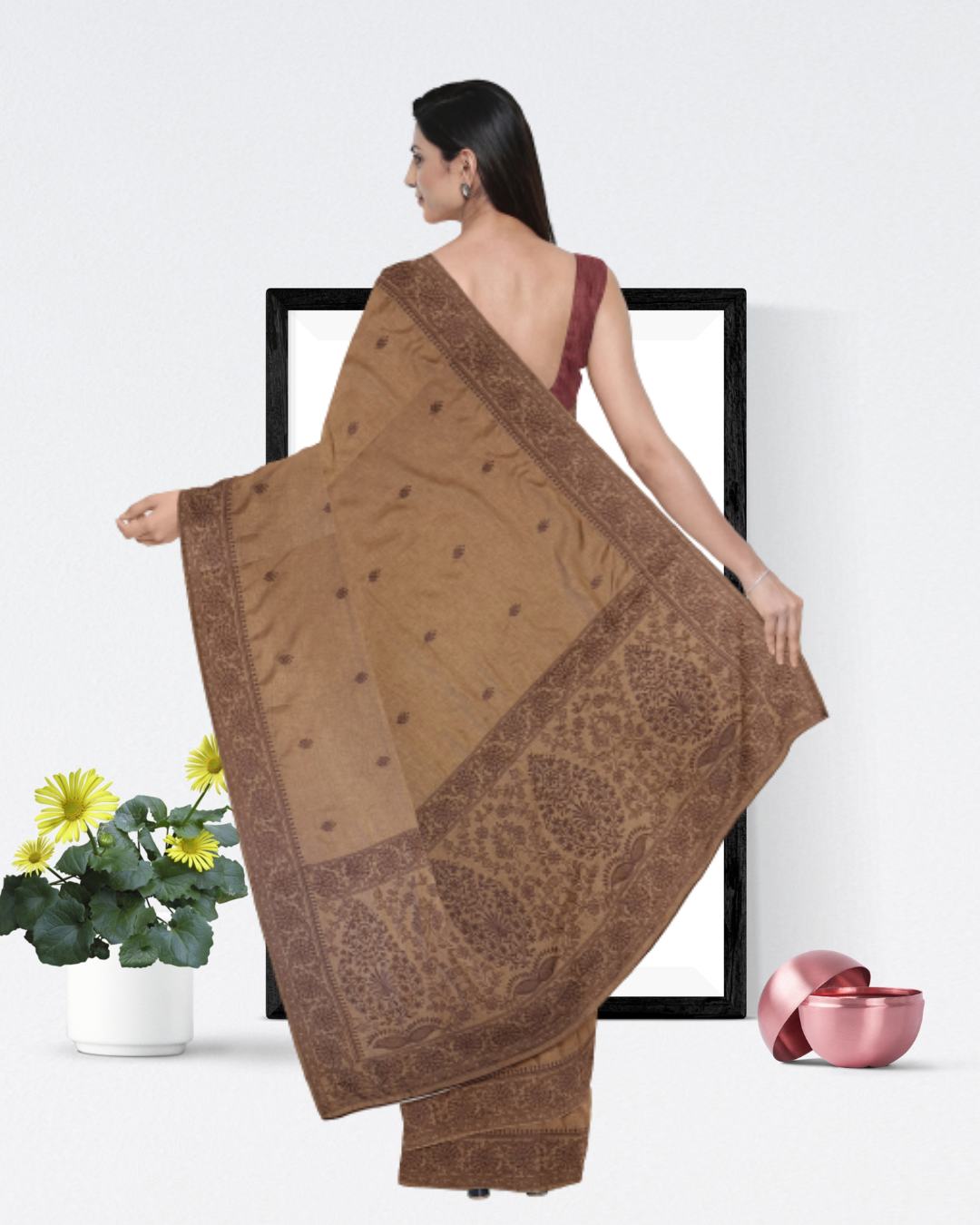 Chocolate Color Tussar Silk Saree for Women - Back Side View of Saree