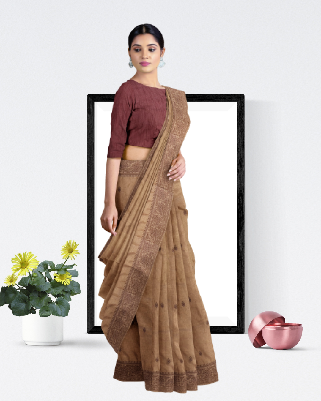 Chocolate Color Tussar Silk Saree for Women - Side View of Saree