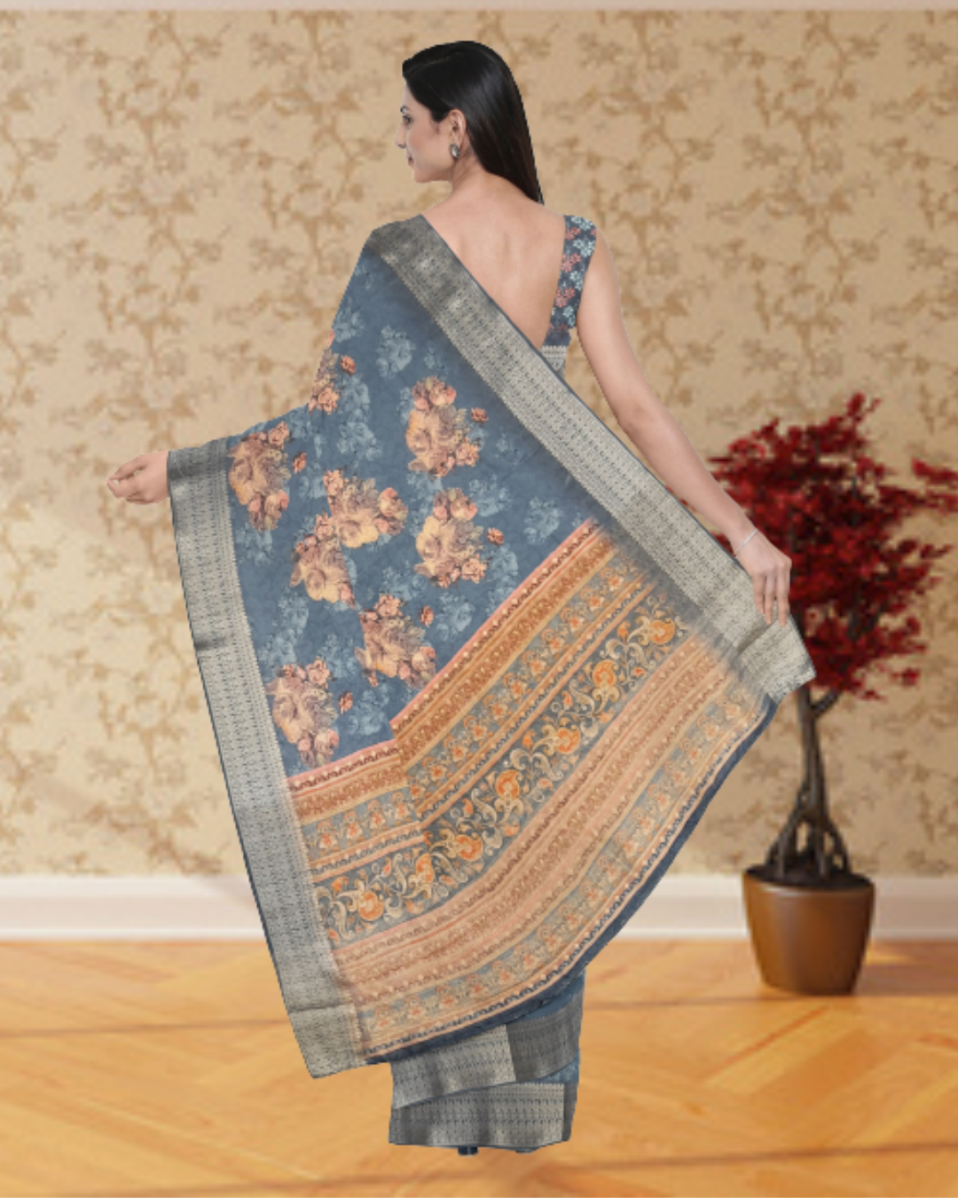 Grey Color Printed Silk Saree for Women - Back Side View of Saree