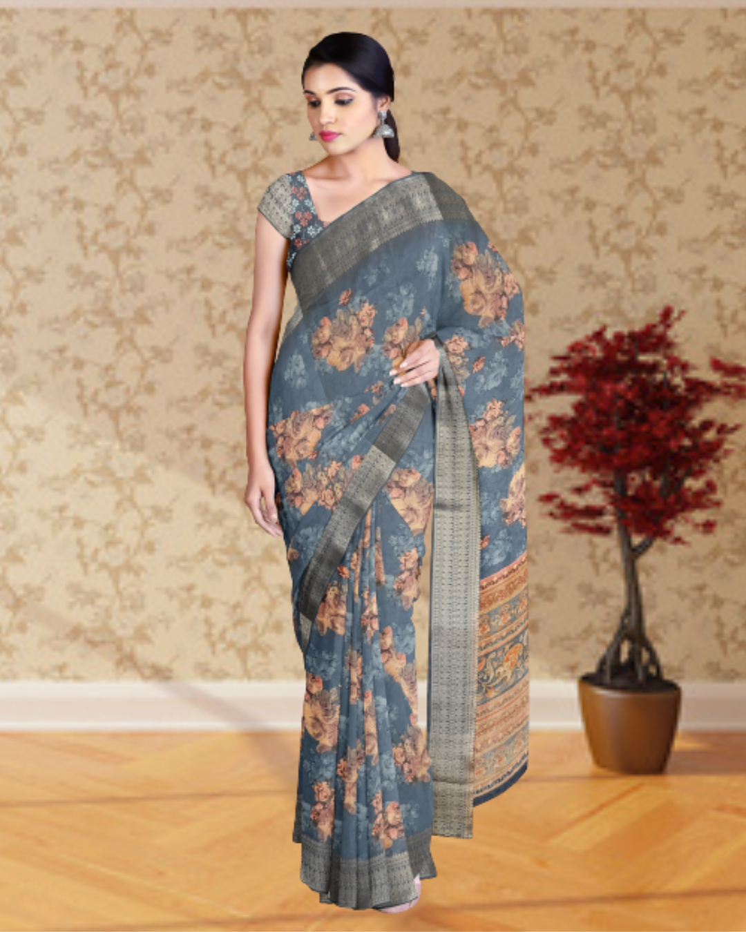 Grey Color Printed Silk Saree for Women