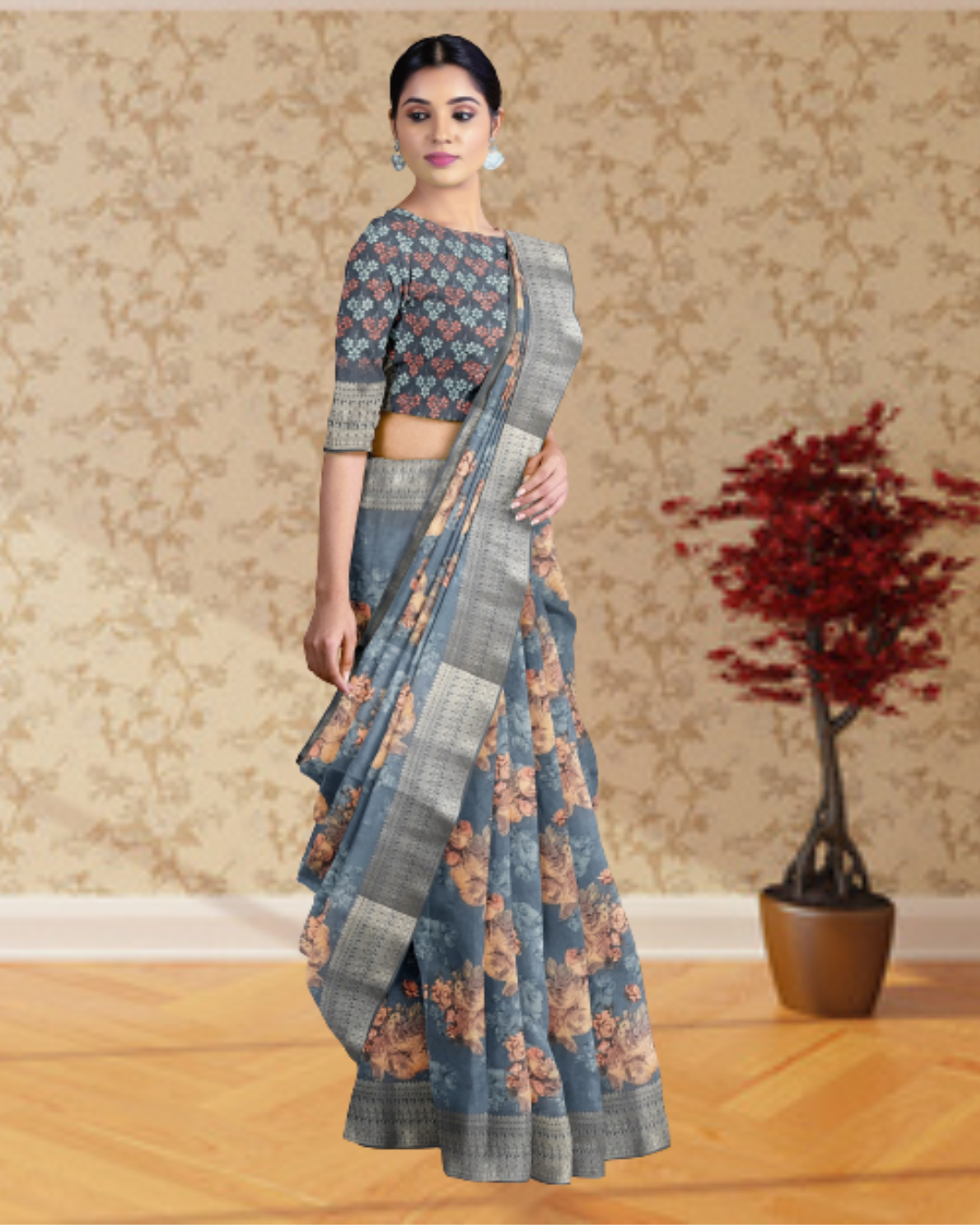 Grey Color Printed Silk Saree for Women - Side View of Saree