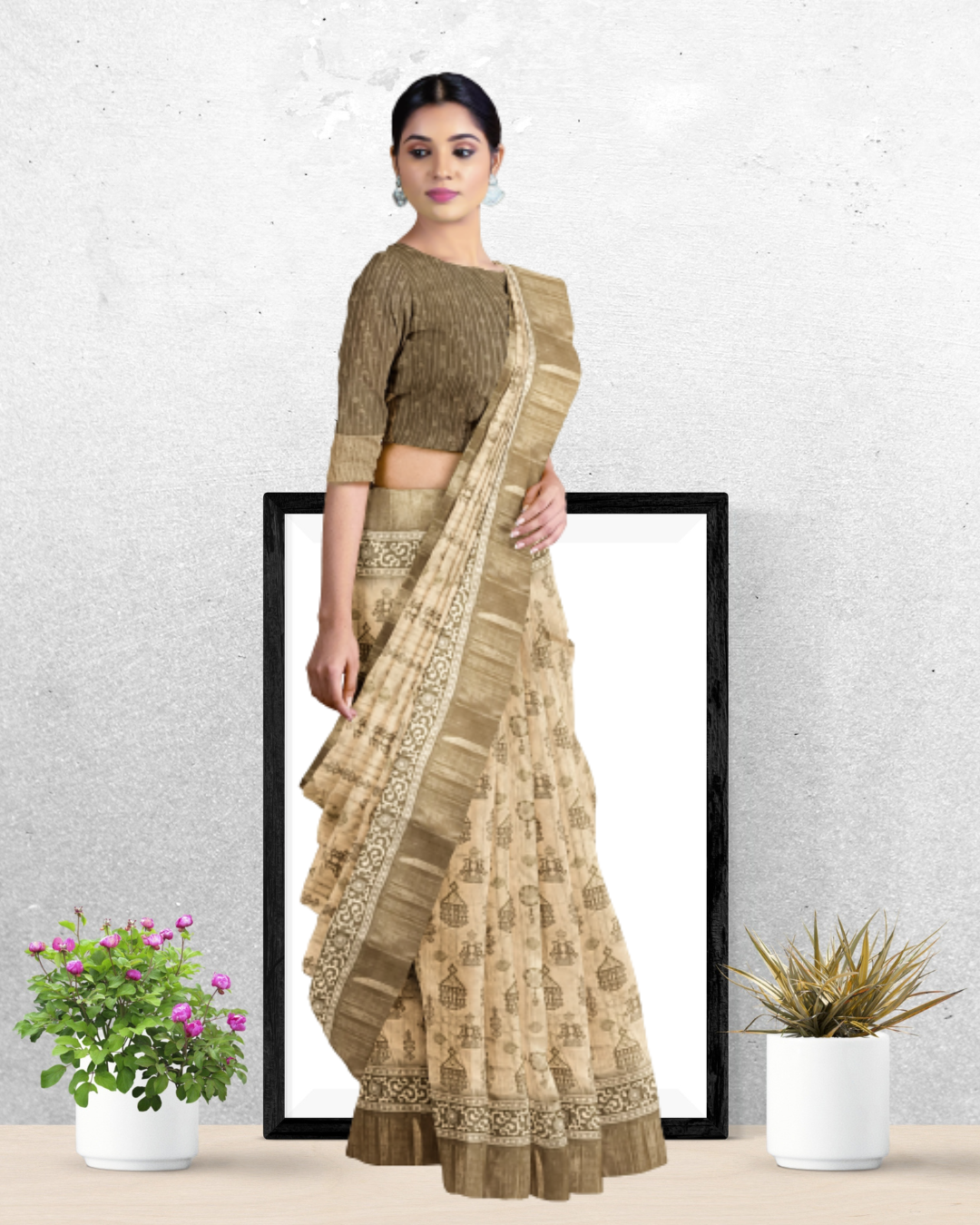 Chiku Color Tussar Silk Saree for Women - Side View of Saree