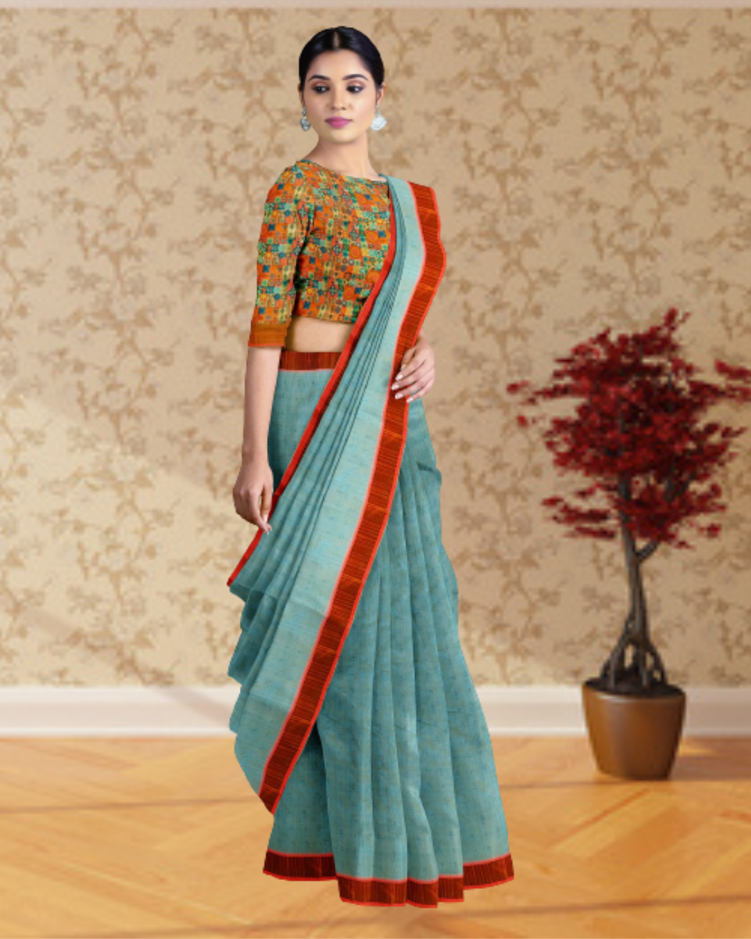 Blue Color Linen Silk Saree for Women - Side View of Saree