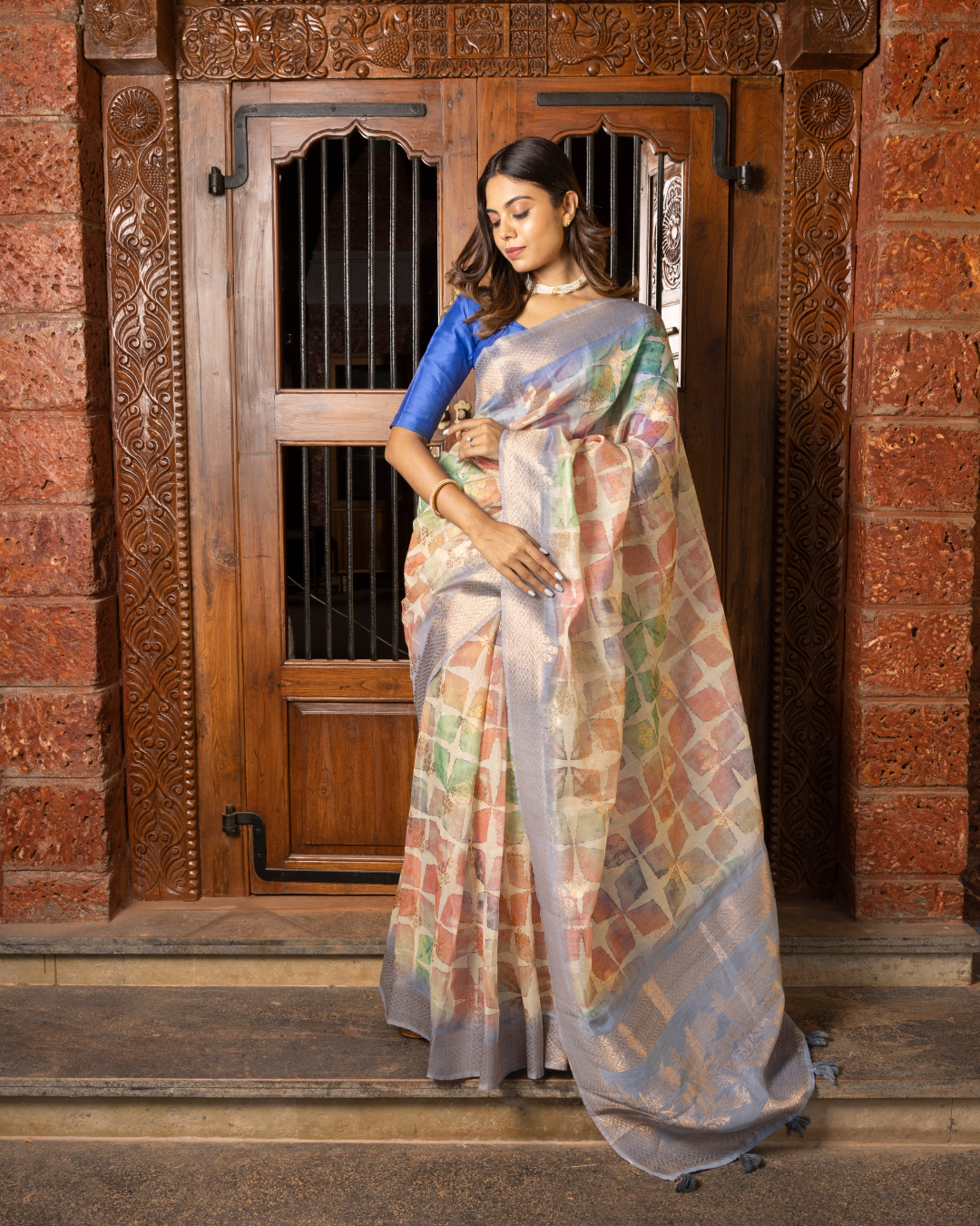 Cream Color Lenen Printed Silk Saree for Women