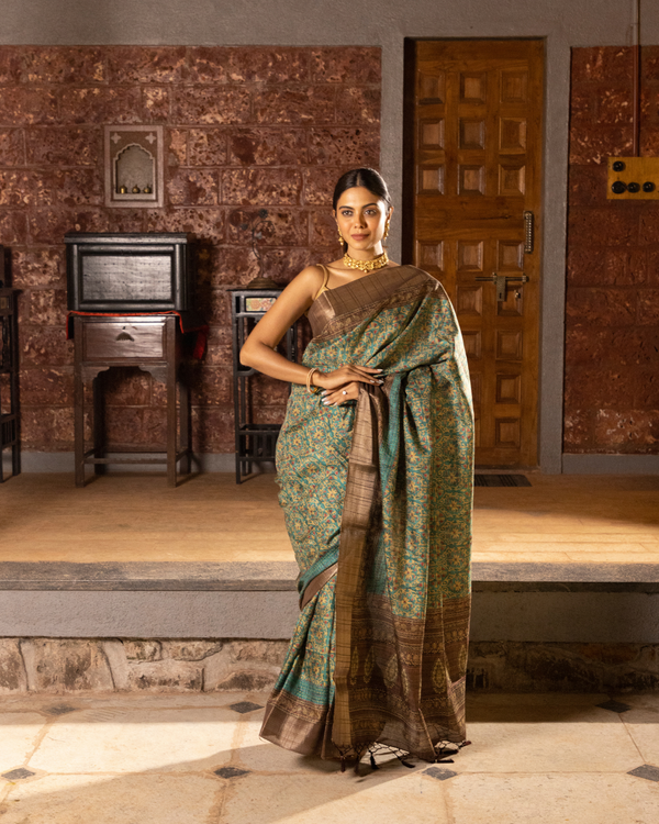 Green Color Tussar Silk Saree for Women